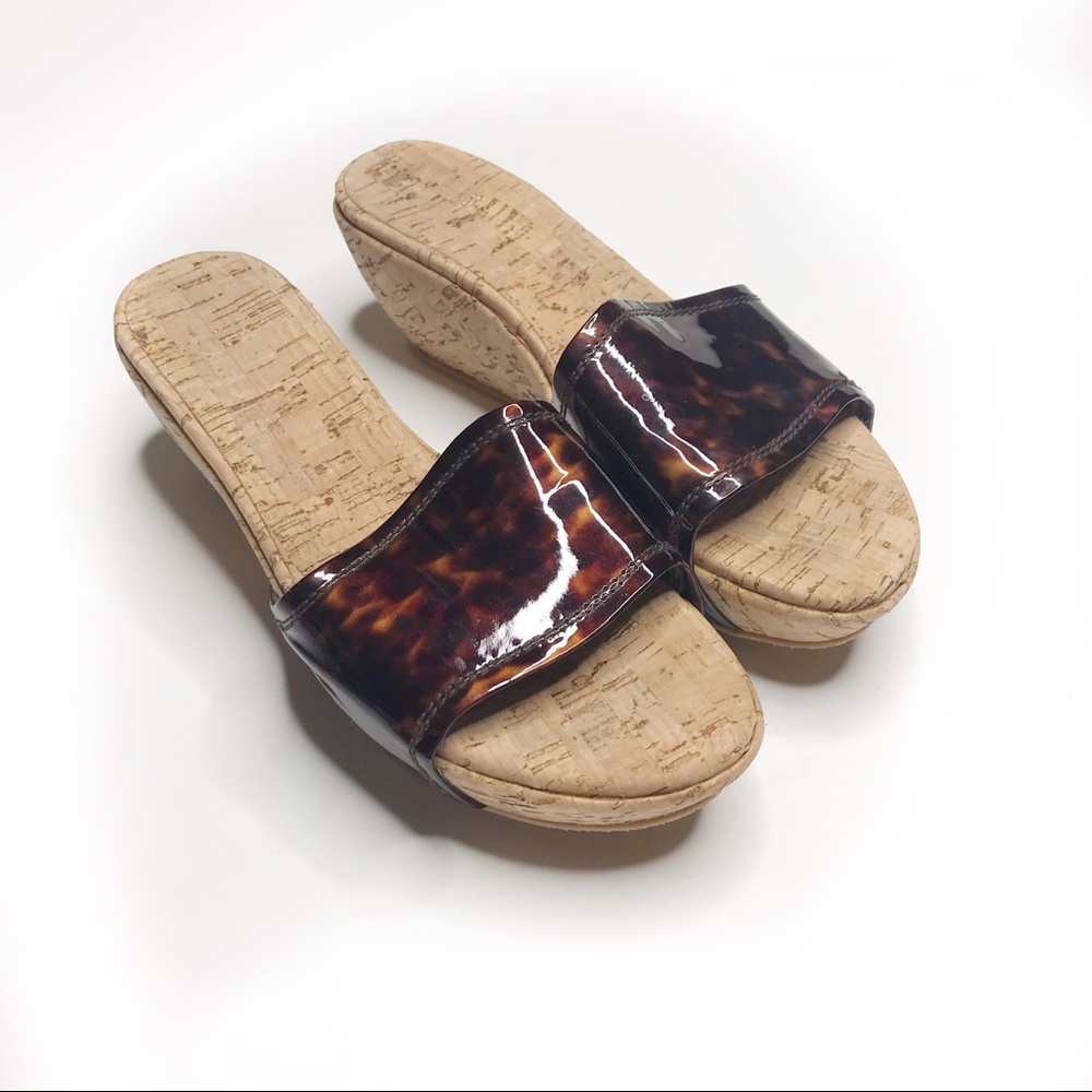 Stuart Weitzman Cork Wedge Tortoise Slides Mules 8